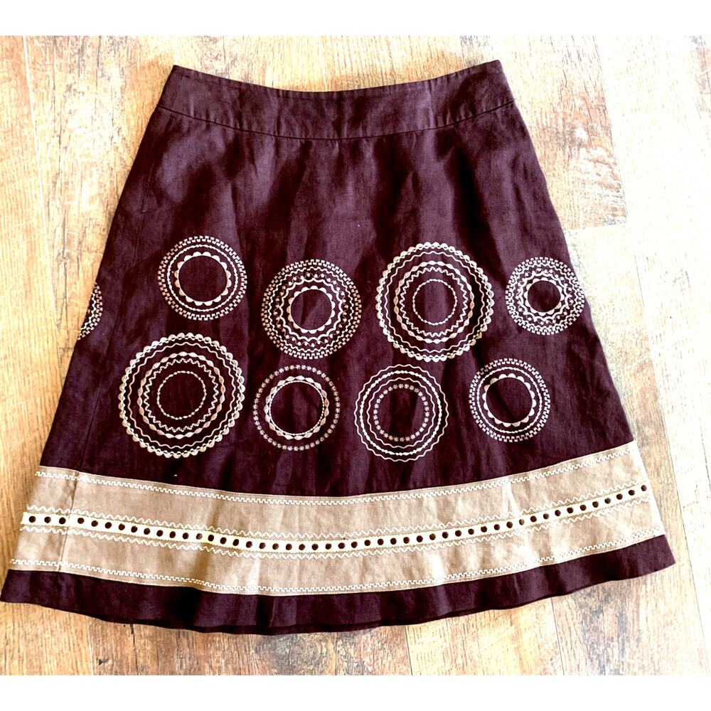 TALBOT'S A-Line Skirt Knee length 100% Linen  Brown Geometric embroidered  Sz 6